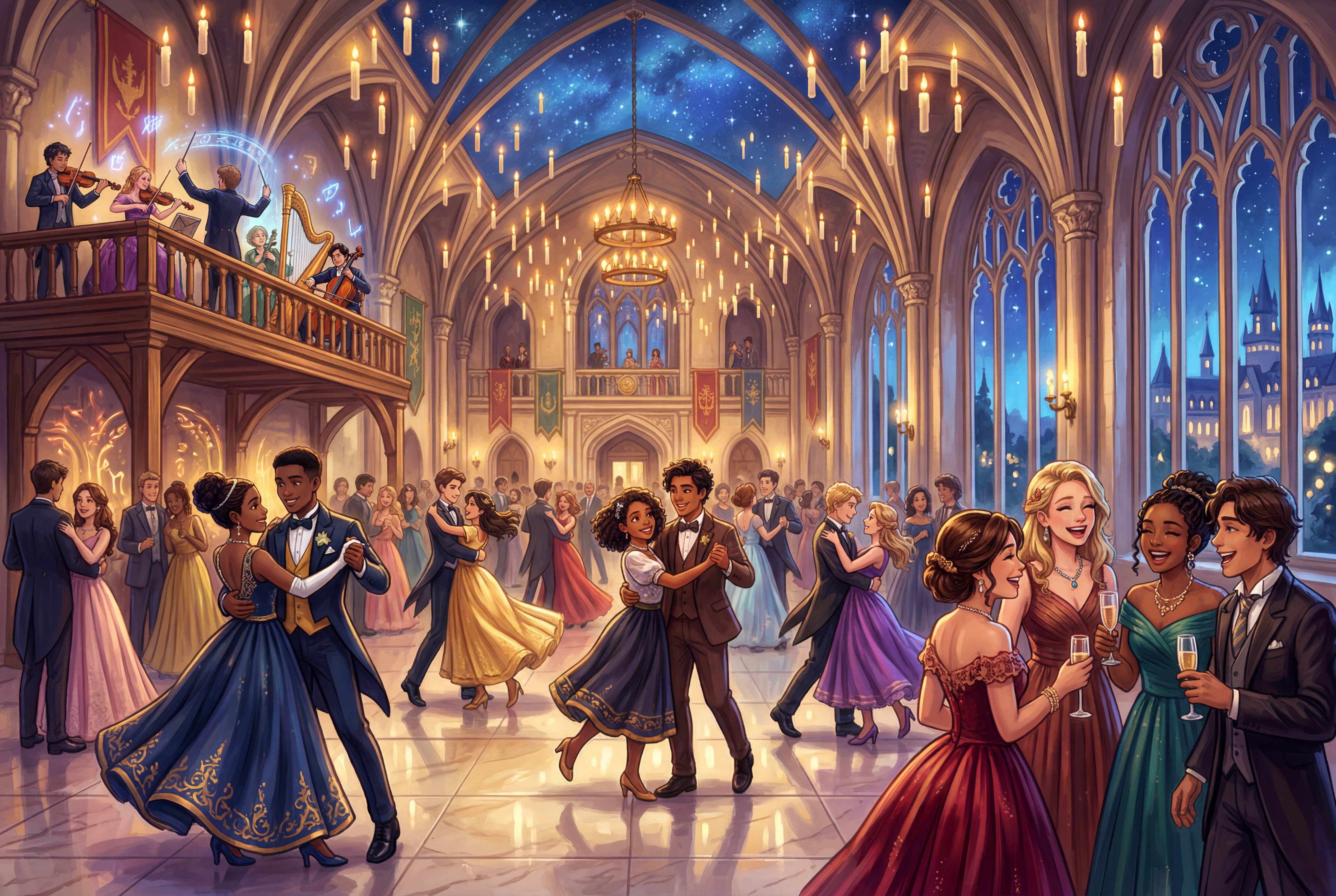 A magical school ballroom with a diverse cast