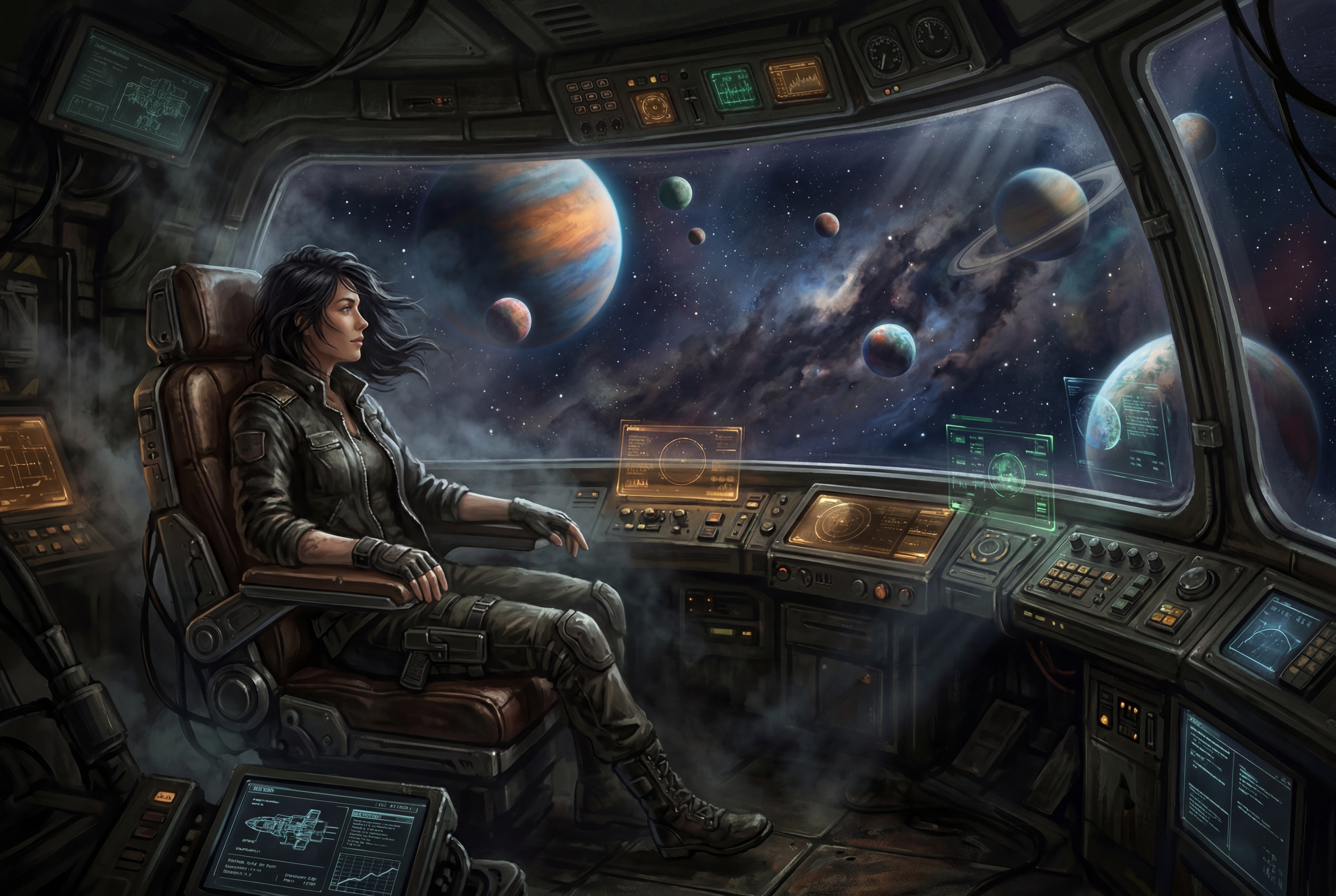A figure in a spaceship cockpit looking at planets